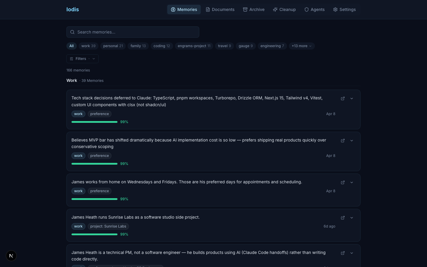 Lodis dashboard showing memory browser with search, domain filters, and confidence scores
